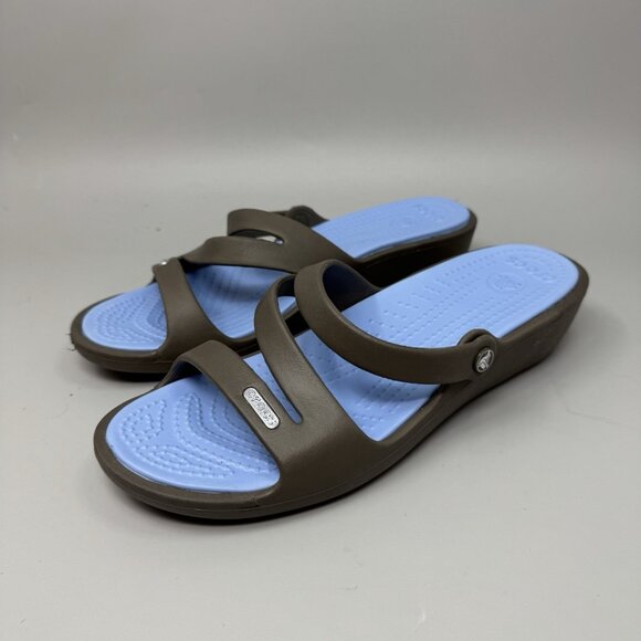 Crocs Patricia Sandals 10386 Strappy Wedge  Blue Brown Size 8 - Picture 1 of 8